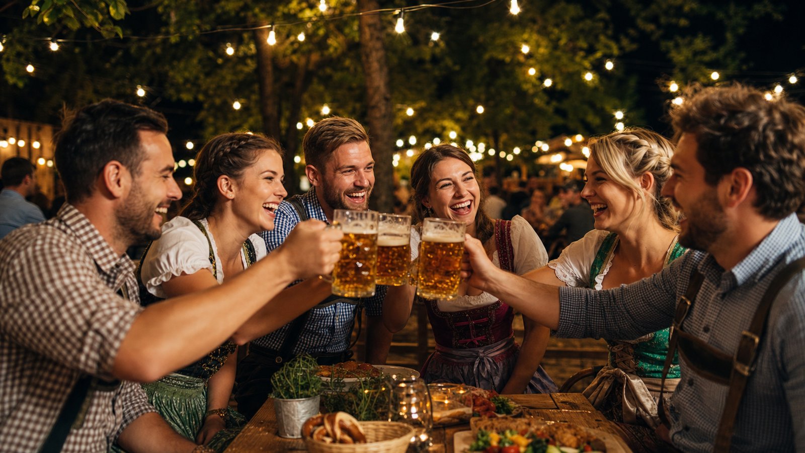 Group of Australian friends at an Oktoberfest-style party in a string-lit beer garden