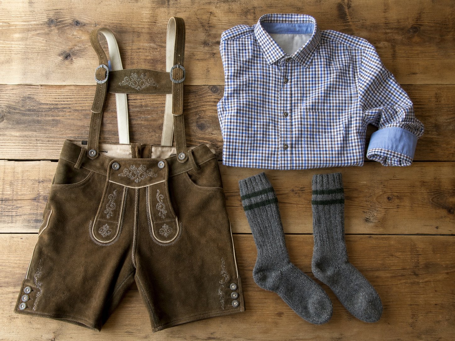 Checked shirt and braces lederhosen-style outfit laid flat, suitable for a workplace Oktoberfest event