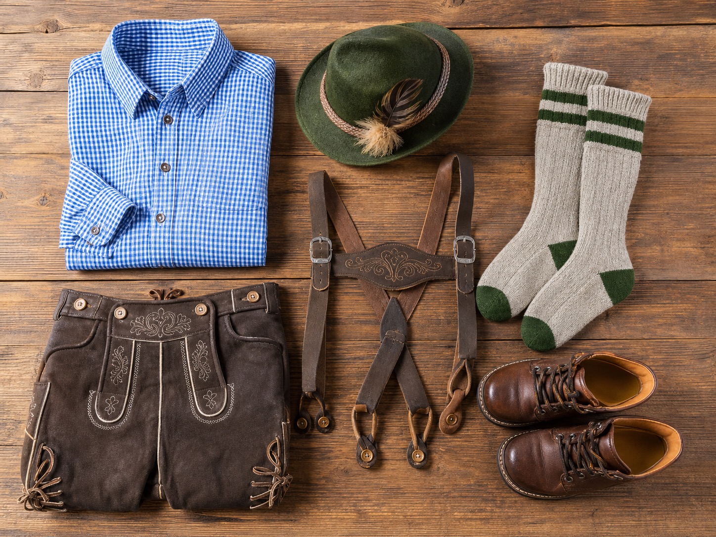 Men's lederhosen accessories laid flat with a checked shirt, socks and Alpine hat