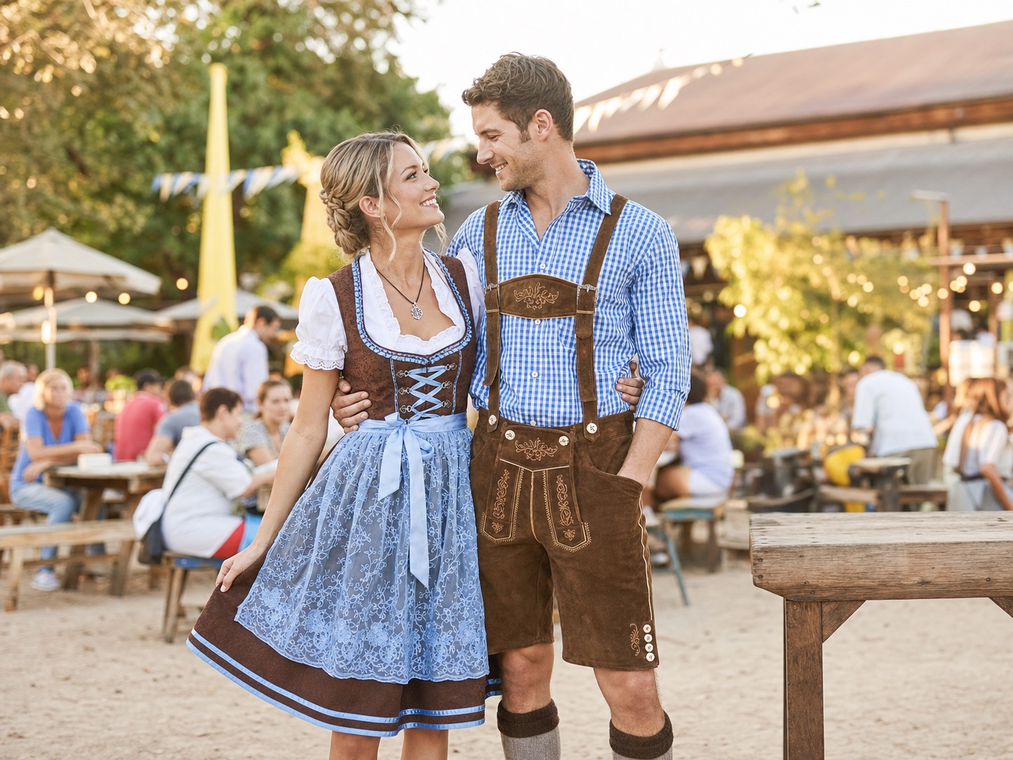 A couple in matching dirndl and lederhosen costumes standing together at an Oktoberfest event