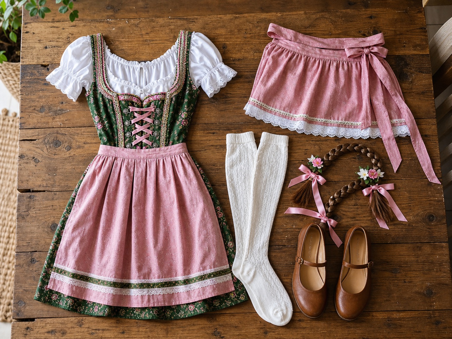 Dirndl costume pieces laid flat with an apron, socks and hair styling accessories