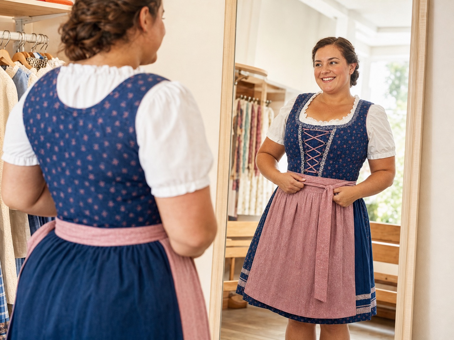 A plus size woman smiling in a Bavarian-style Oktoberfest costume at an outdoor table