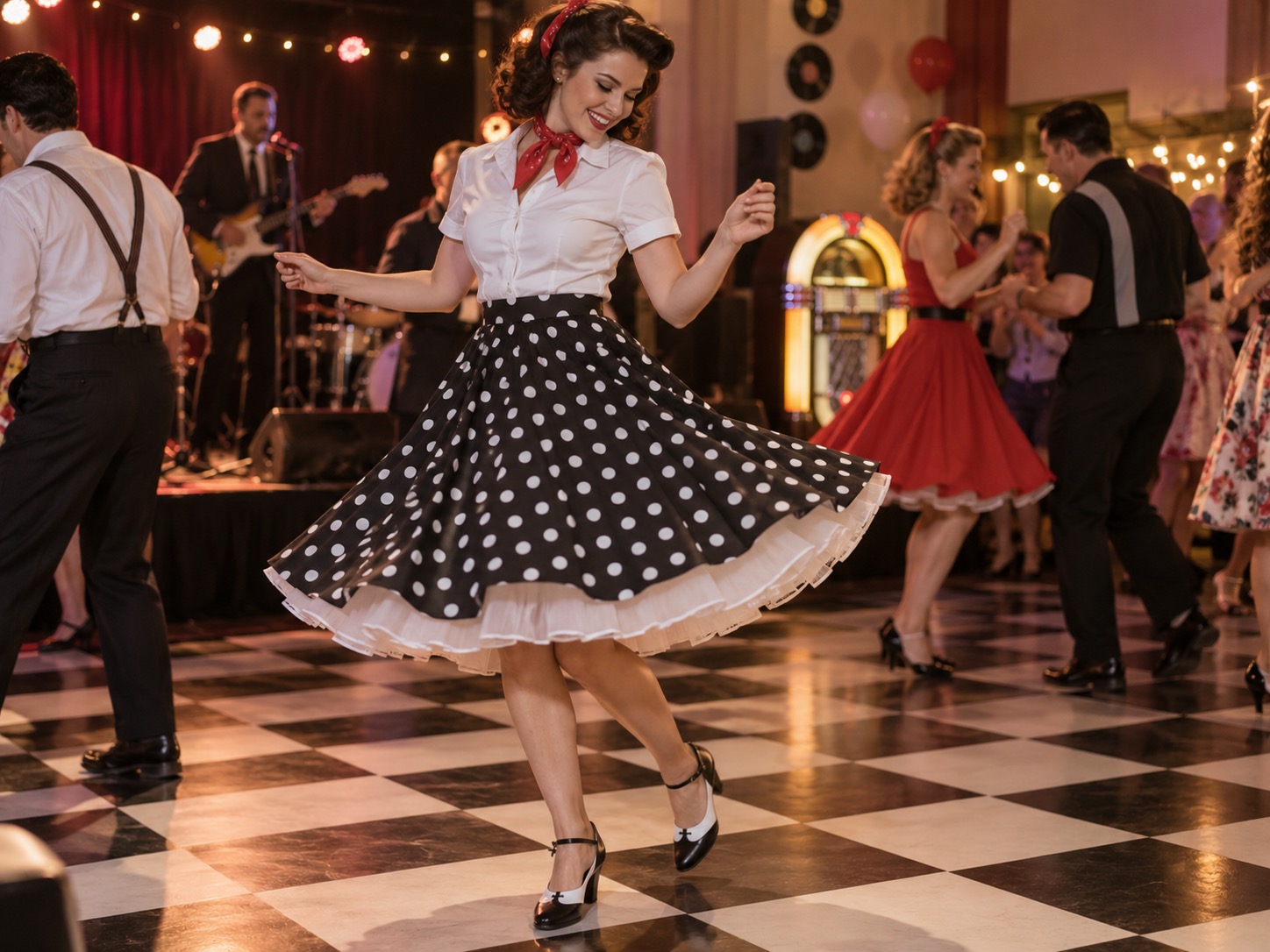 Woman twirling in a polka dot 50s circle skirt with a white underskirt peeking evenly below the hem