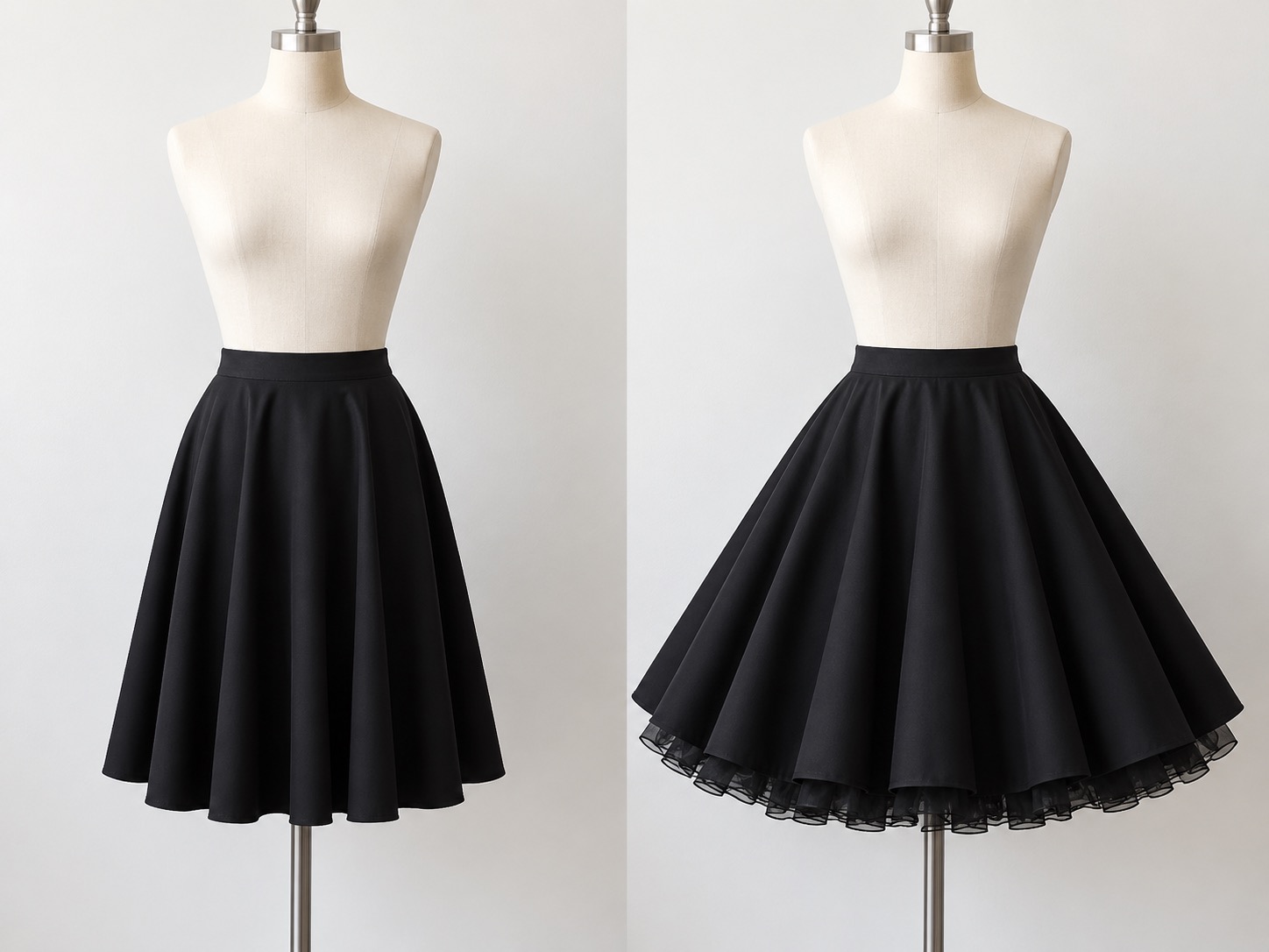 Black costume skirt shown flat and then flared with a layered black underskirt on two dress forms