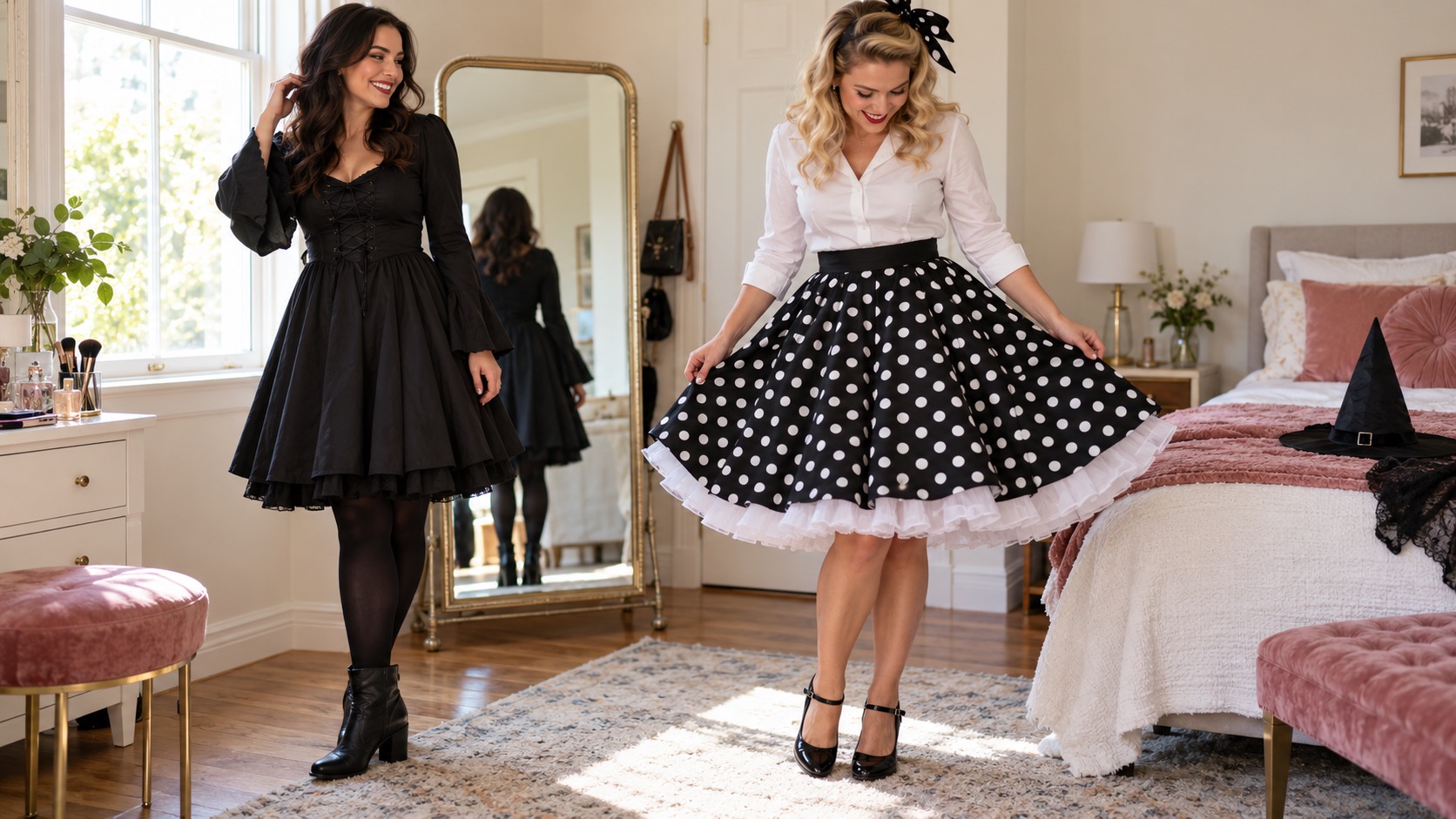 Two women adjusting black and white petticoats under witch and 50s costume skirts in a bright bedroom