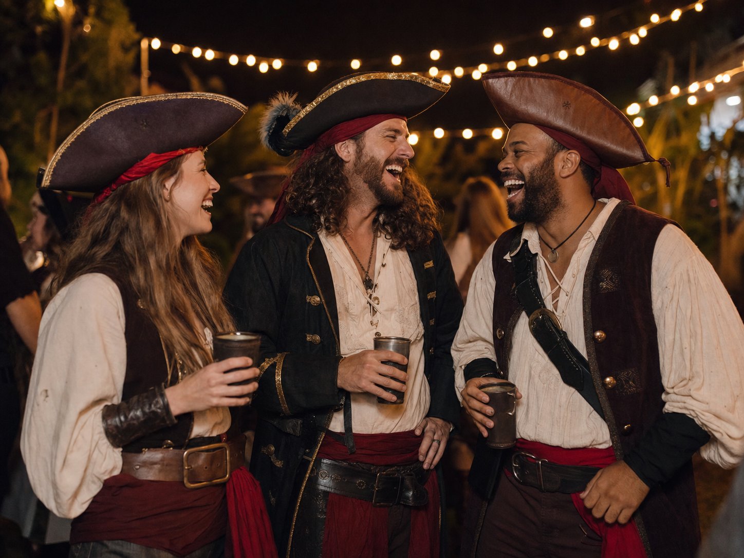 Three adult friends dressed as a pirate crew with captain, first mate and deckhand outfits at an evening party