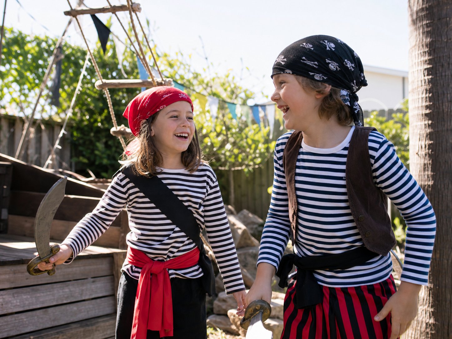 Two children in a sunny backyard dressed as pirates with striped tops, bandanas and toy cutlasses