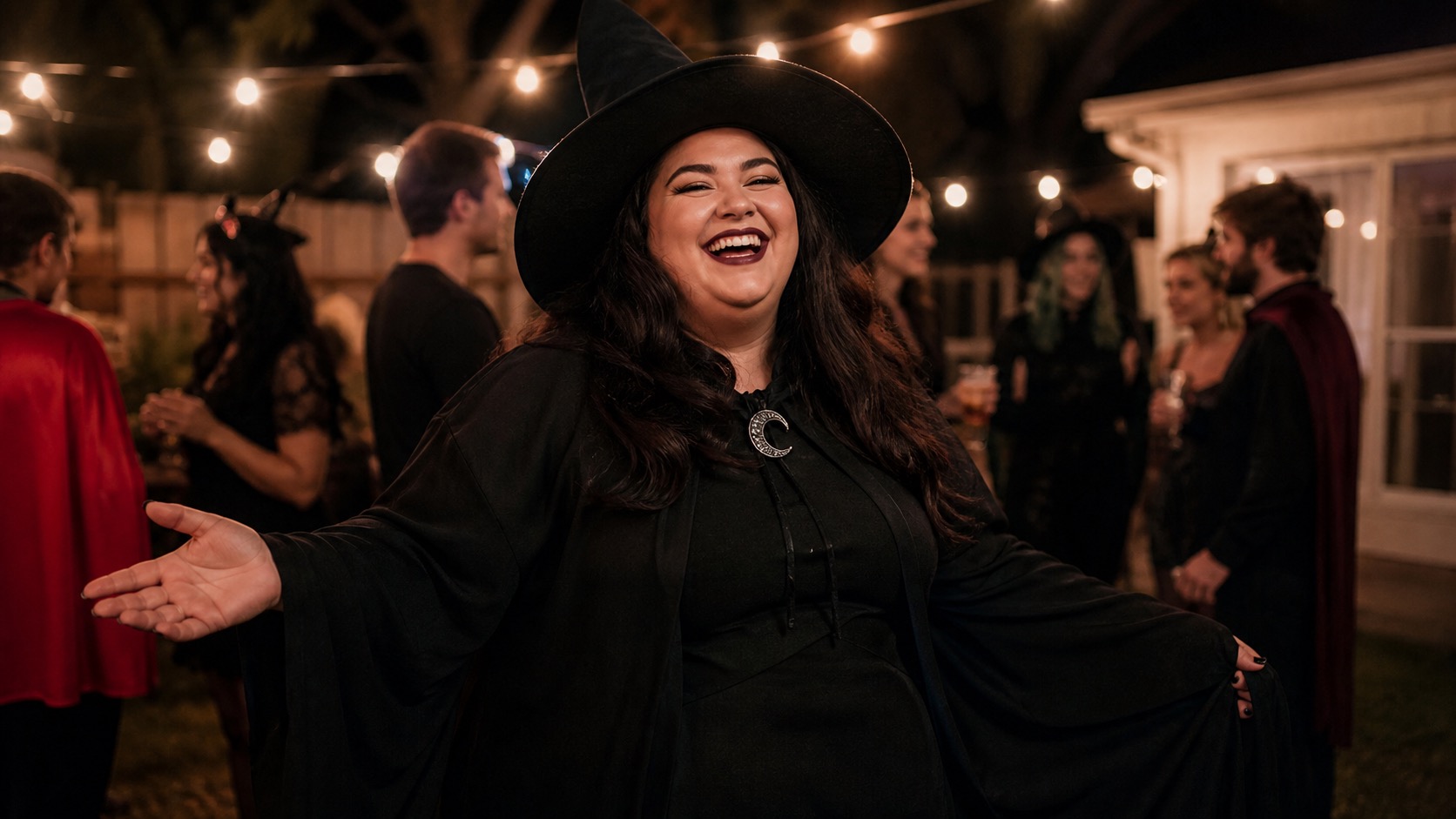 A plus size woman wearing a dramatic witch-style Halloween costume at an evening party