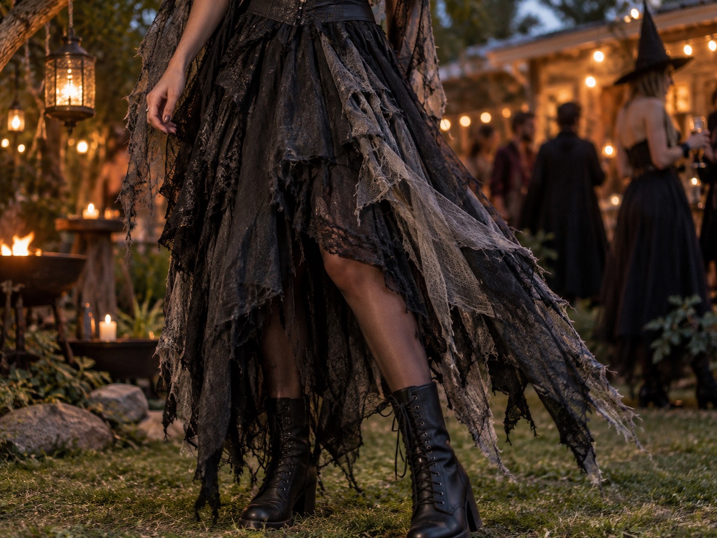 Close-up of a dark Halloween dress showing an asymmetrical hem and textured matte fabric