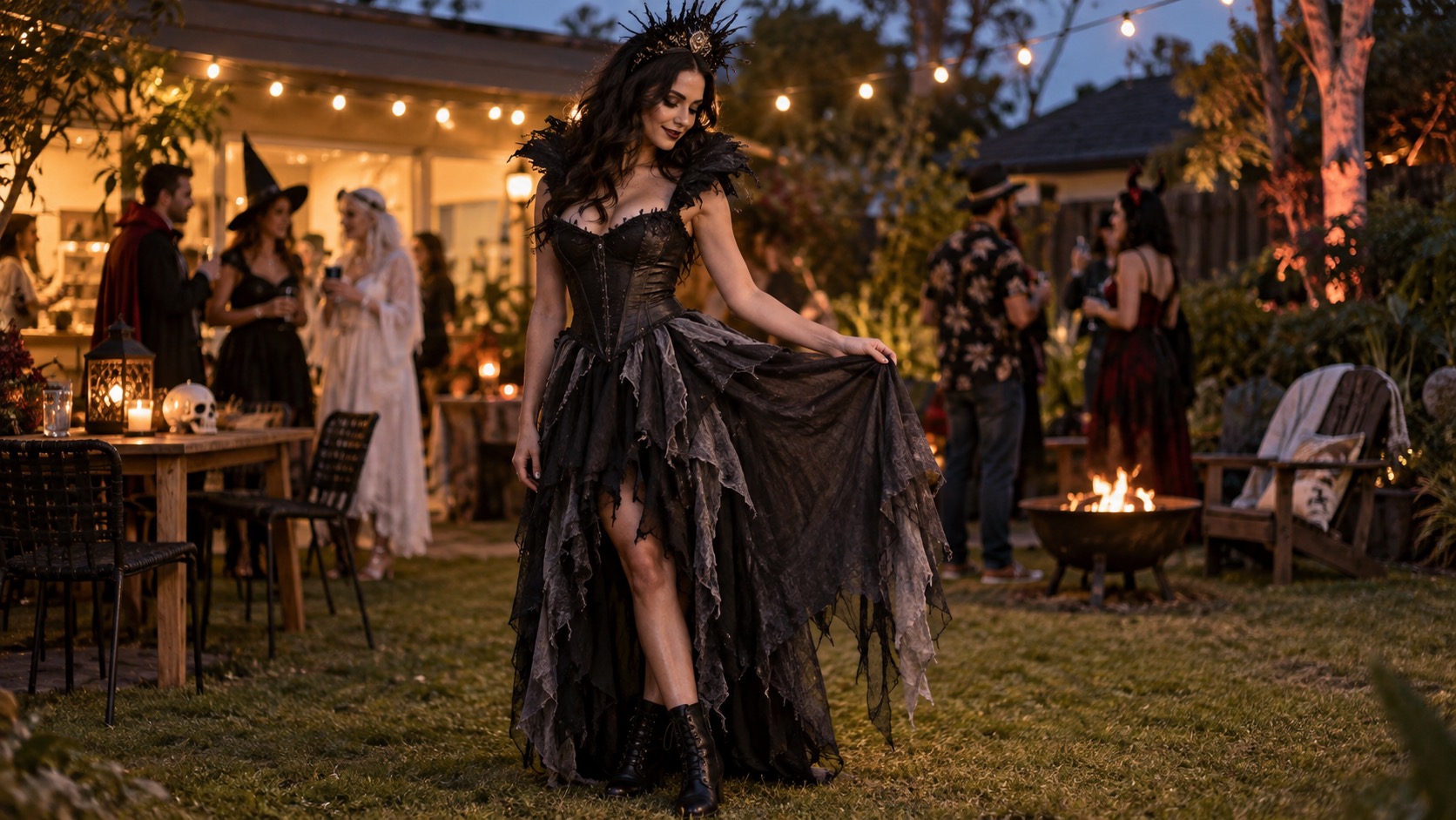 Woman wearing a dramatic dark Halloween dress at a relaxed Australian garden party