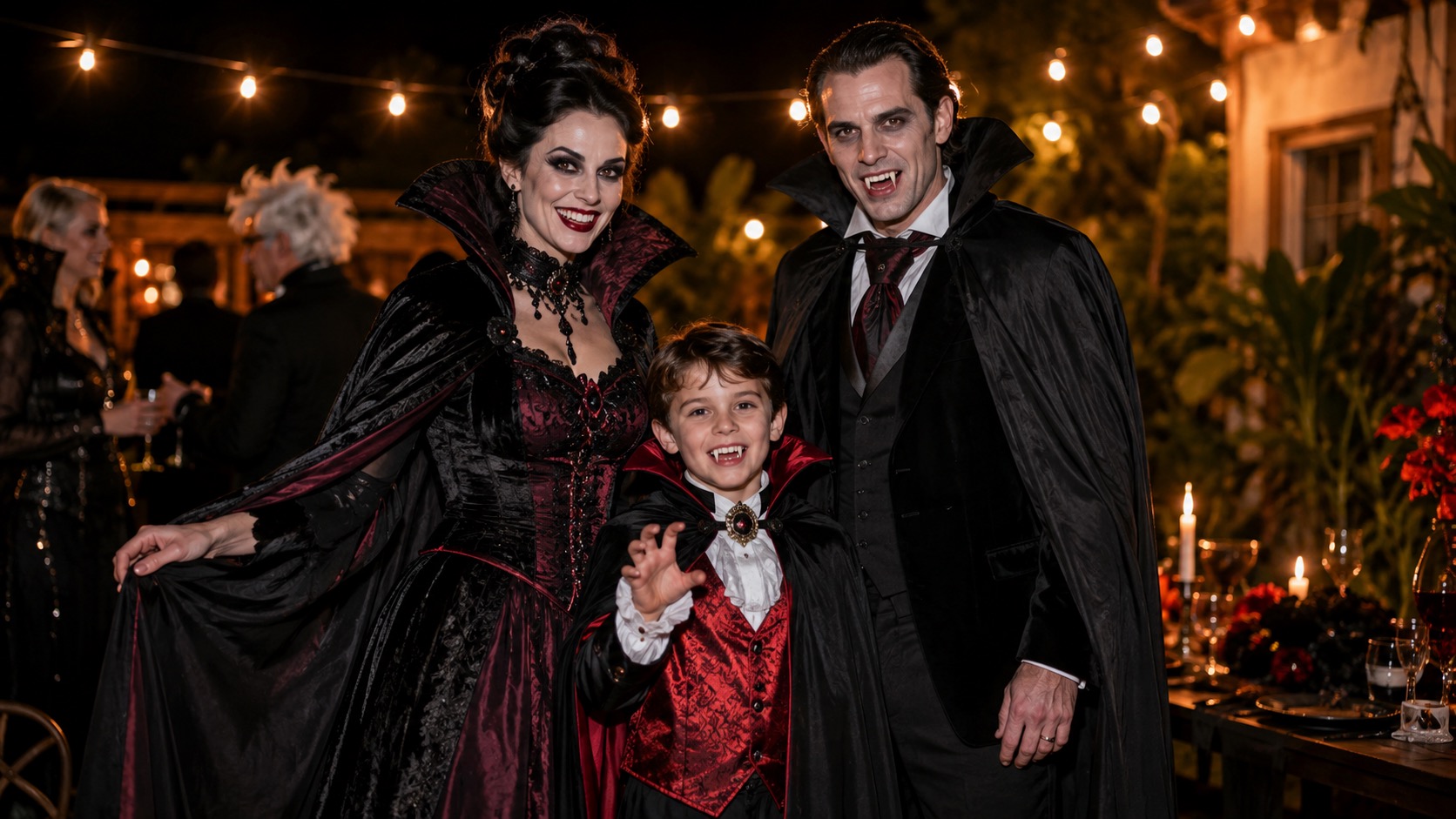 Adults and a child wearing clear vampire costumes at an Australian backyard Halloween party