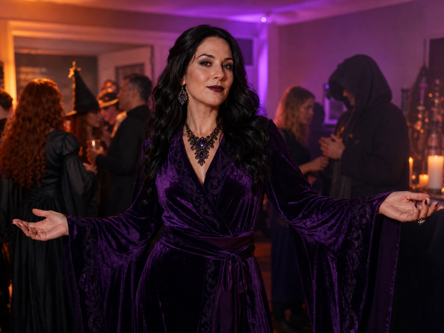 A woman wearing a modern glam witch costume at an indoor Halloween party
